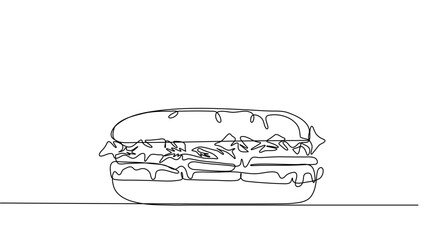 Continuous line art Long Burger with double beef and vegentable vector illustration. Concept fast food, food, restaurant, food business
