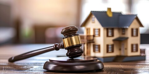 Real estate auction for property division post-divorce with wooden gavel background. Concept Real Estate Auction, Property Division, Post-Divorce, Wooden Gavel Background