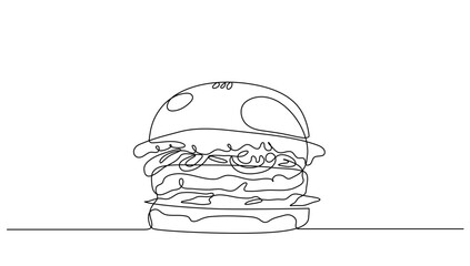Continuous one line Burger for vector illustration.Concept fast food, food, restaurant, food business