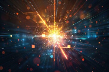 Futuristic lens flare. Light explosion star with glowing particles and lines. Beautiful modern conceptual rays background
