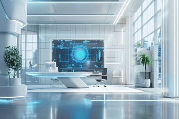 Futuristic stylish interior view of office with holographic screen, hi tech, mechanical technology concept. 3D rendering