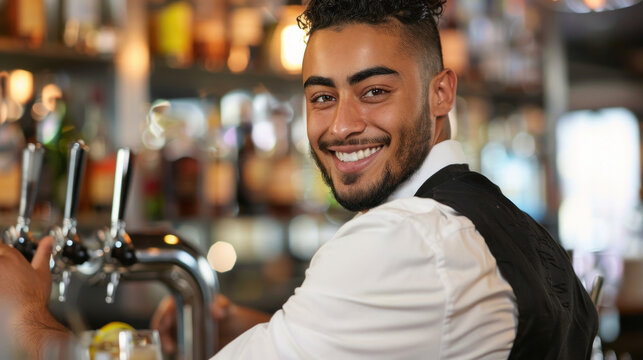 Focused Male Bartender at Work, Professional Environment, Diverse Workforce, Corporate Photography, Team Collaboration, Engaged Employees, Authentic Work Settings.