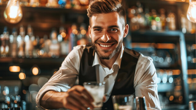 Focused Male Bartender at Work, Professional Environment, Diverse Workforce, Corporate Photography, Team Collaboration, Engaged Employees, Authentic Work Settings.