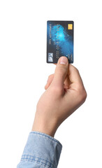 Man holding credit card on white background, closeup