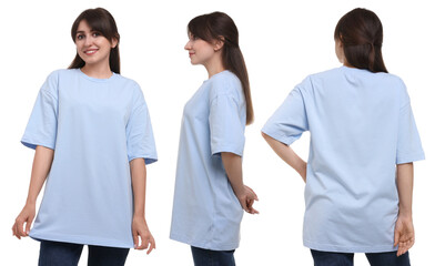 Woman wearing light blue t-shirt on white background, collage of photos. Front, back and side views