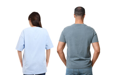 Woman and man wearing t-shirts on white background, back view. Collage of photos