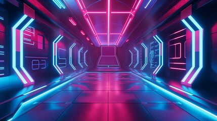 Futuristic neon-lit corridor with vibrant pink and blue lights, offering a sci-fi environment for concepts of technology, innovation, and modernity.