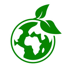 Green planet ecology icon. Earth with leaf vector illustration. Environment care symbol. Global eco icon isolated.