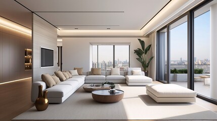 Modern and luxurious living room with large windows, comfortable white sofas, and an open view of the city skyline.