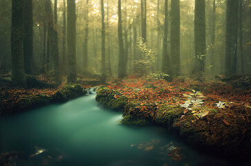 Obraz premium 森, 自然, 木, 川, 湖, 夕焼け, 夕陽, 日暮, 薄暗い森, forest, nature, trees, river, lake, sunset, dusk, dim forest