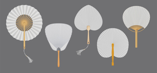 Traditional Asian hand fans of white paper realistic vector illustration set. Traditional souvenir accessory from Asia 3d objects on grey © ApoevArt