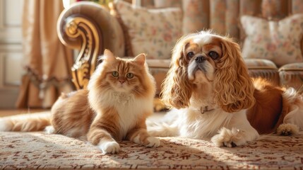 A Cavalier King Charles Spaniel and a Persian cat sitting side by side on a plush rug in an elegantly decorated room.