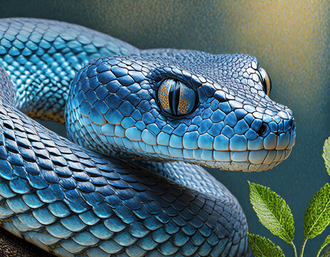 Blue viper snake closeup face