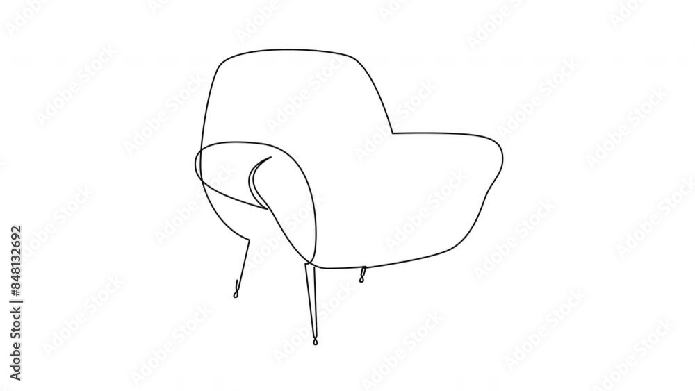 Poster self drawing animation of modern armchair drawn by one continuous line. animated single line doodle 