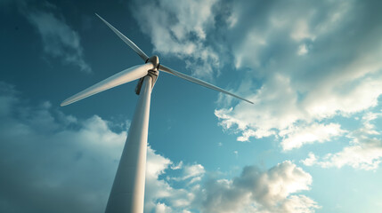 Fototapeta premium Majestic Wind Turbine Against a Cloudy Blue Sky Generating Renewable Energy