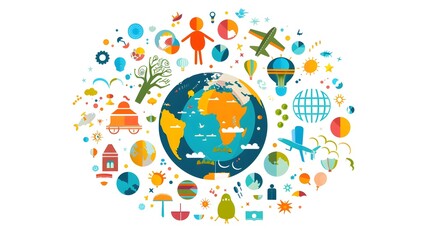 Vibrant Worldwide Cultural Icons Surrounding Colorful Globe Design