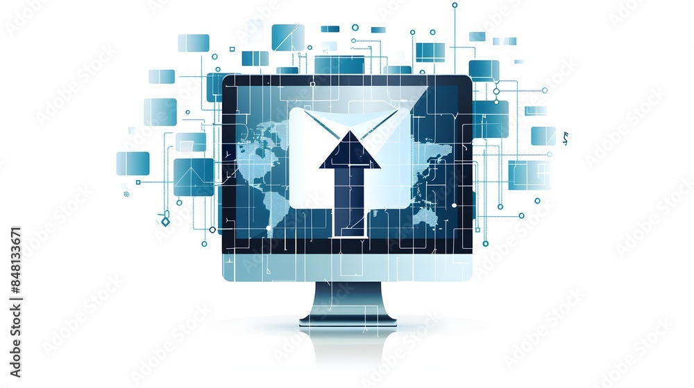 Poster modern sleek computer upload with up arrow and blue grey tones