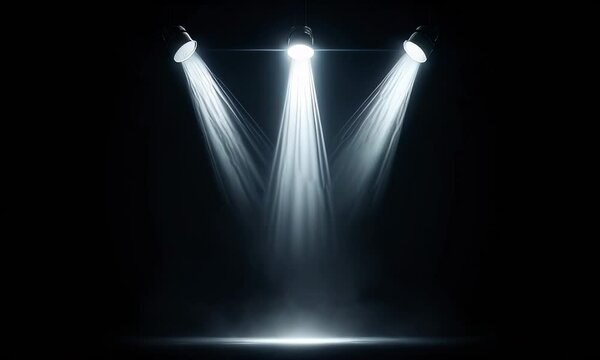 Three bright spotlights shine down from above, illuminating a dark stage and creating a dramatic and focused atmosphere