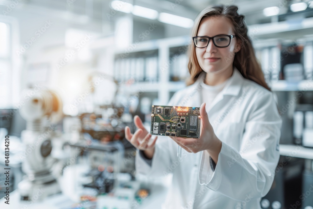Poster scientist analyzing ai data with advanced equipment in high tech lab