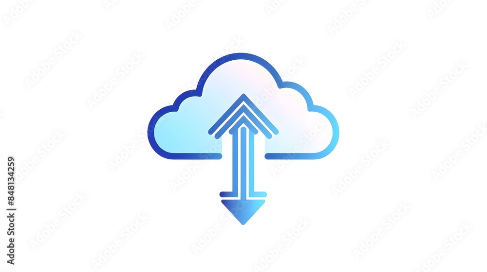 Poster stylized upload icon with cloud and arrow in bold blue design