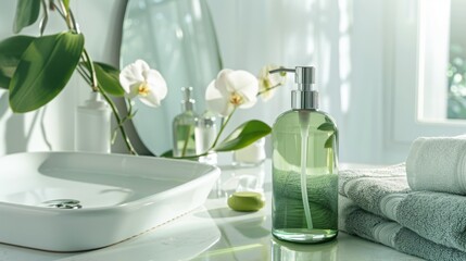 An orchid backdrop and soft light accent the soap dispenser in a bathroom. A serene and fresh concept has been achieved through stock AI.