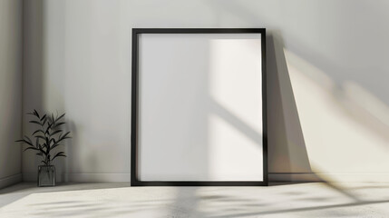 black wooden frame poster standing on the floor, mockup