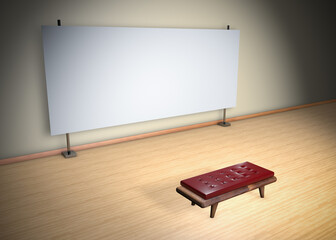 virtual room with bench and large screen for exhibit-type projections