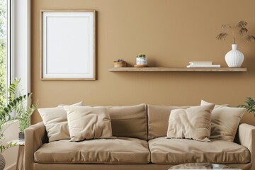 This mockup shows an interior of a stylish living room with a panoramic window and shelf