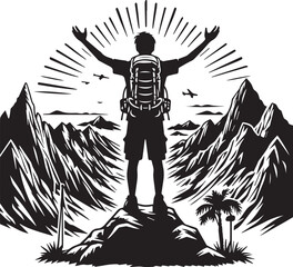 Hiking Man Vector Illustration Silhouette. Mountain Adventure Travelling People with Backpack