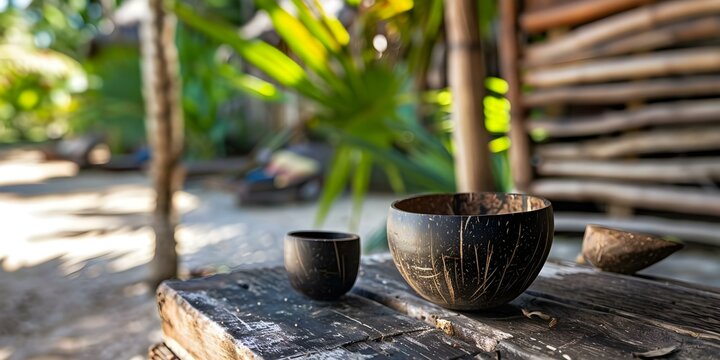 Vanuatu island setting with traditional kava bowl and coconut shell cup. Concept Vanuatu Culture, Kava Ceremony, Traditional Drink, Island Lifestyle, Pacific Island Traditions