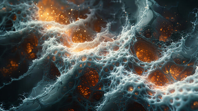 A microscopic parasite, magnified to monstrous proportions, reveals a grotesque network of fleshy tendrils and pulsating organs. It burrows into the surface of a pulsating, crystalline structure. 