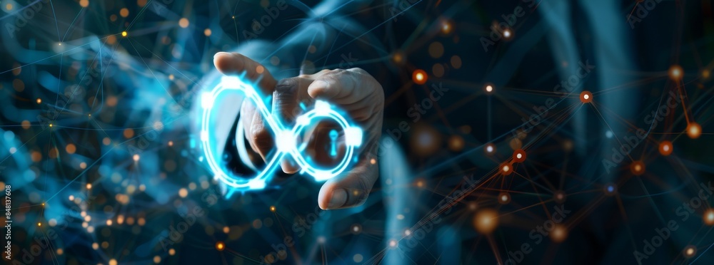 Aufkleber in a global business network, businessmen touch devops icons and internet technology on a virtual in