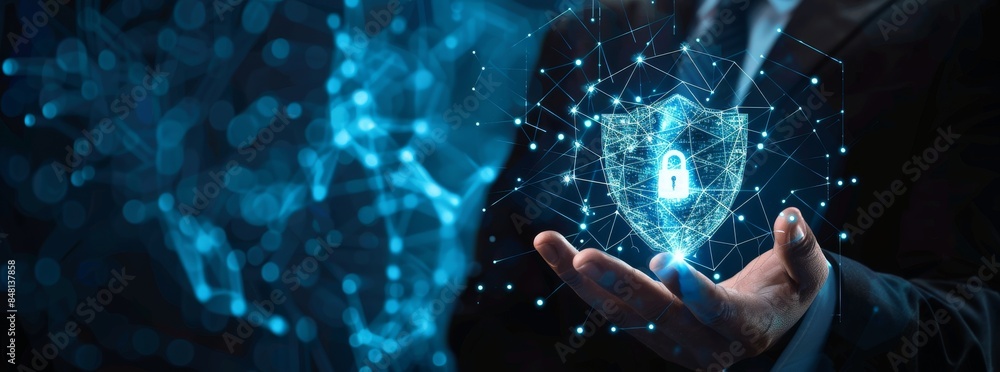 Poster a cybersecurity shield is a protective shield held by businessmen on the global structure network an