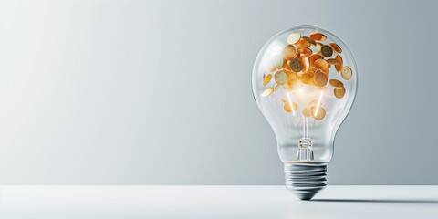 A light bulb filled with gold coins money. energy saving and financial savings concept. economic benefits of conserving energy and efficient resource management