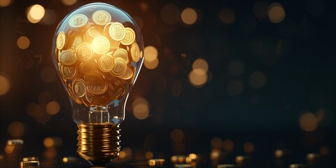 A light bulb filled with gold coins money. energy saving and financial savings concept. economic benefits of conserving energy and efficient resource management