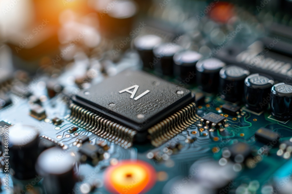 Aufkleber ai circuit board with glowing microchip in futuristic tech environment