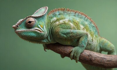 Fototapeta premium close-up of a green chameleon on a branch, with a focus on its large eyes and detailed skin texture.