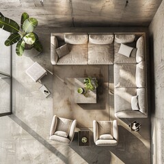 A top view of the living room interior with a soft spot, decoration, and a window
