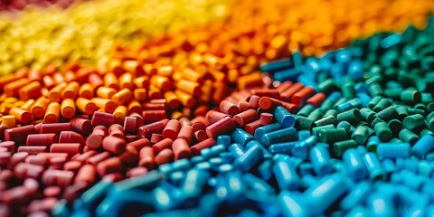 Fototapeta premium Close-up of Colorful Pellets in Lab Setting Highlighting Individual Colors. Concept Lab Photography, Colorful Pellets, Close-up Shots, Scientific Setting, Individual Colors