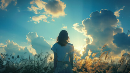 Obraz premium Back view of a woman standing in a field of grass, looking towards the setting sun