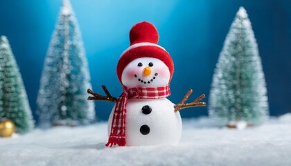 Obraz premium Close-up of miniature snowman standing in snow, blue backdrop. Merry Christmas and Happy New Year
