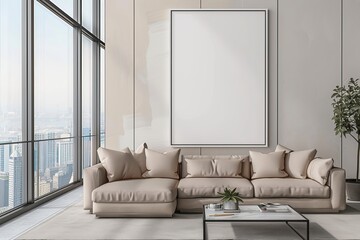 Mockup frame of stylish home chill room interior couch and sideboard with a window