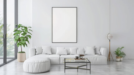 Fototapeta premium modern home, clean minimalist interior with empty frames on the wall, mockup