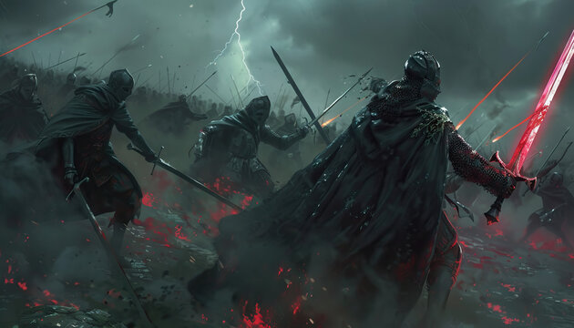 Amidst the chaos of battle, the advancing dark knights unleash their fury, their movements swift and precise as they clash with an opposing army under stormy skies
