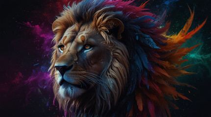 A manly, feathered male lion emits a colorful aura against a dark background with a few splashes of ink
