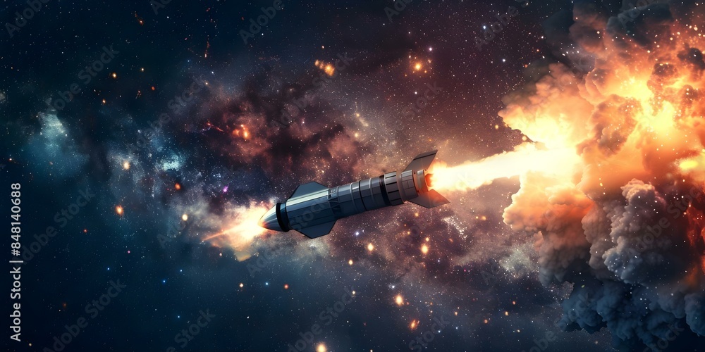 Poster rocket escaping exploding planet in cosmic space scene. concept cosmic, space, rocket, exploding pla