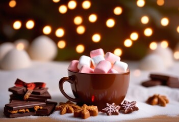 A cup of hot chocolate with marshmallows and a dusting of snow on a cozy table setting