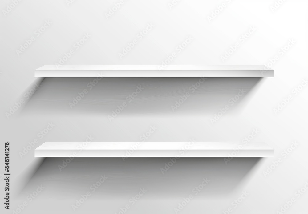 Aufkleber an empty white shelf on a clean white wall, representing a minimalist retail display. using the stoc