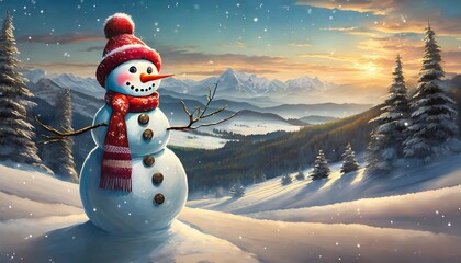 Obraz premium Oil painting of snowman in snow, blue backdrop. Merry Christmas and Happy New Year. Hand drawn art.