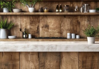 Stock AI creates modern wooden kitchen cabinets with a marble countertop and empty wall space for product display.